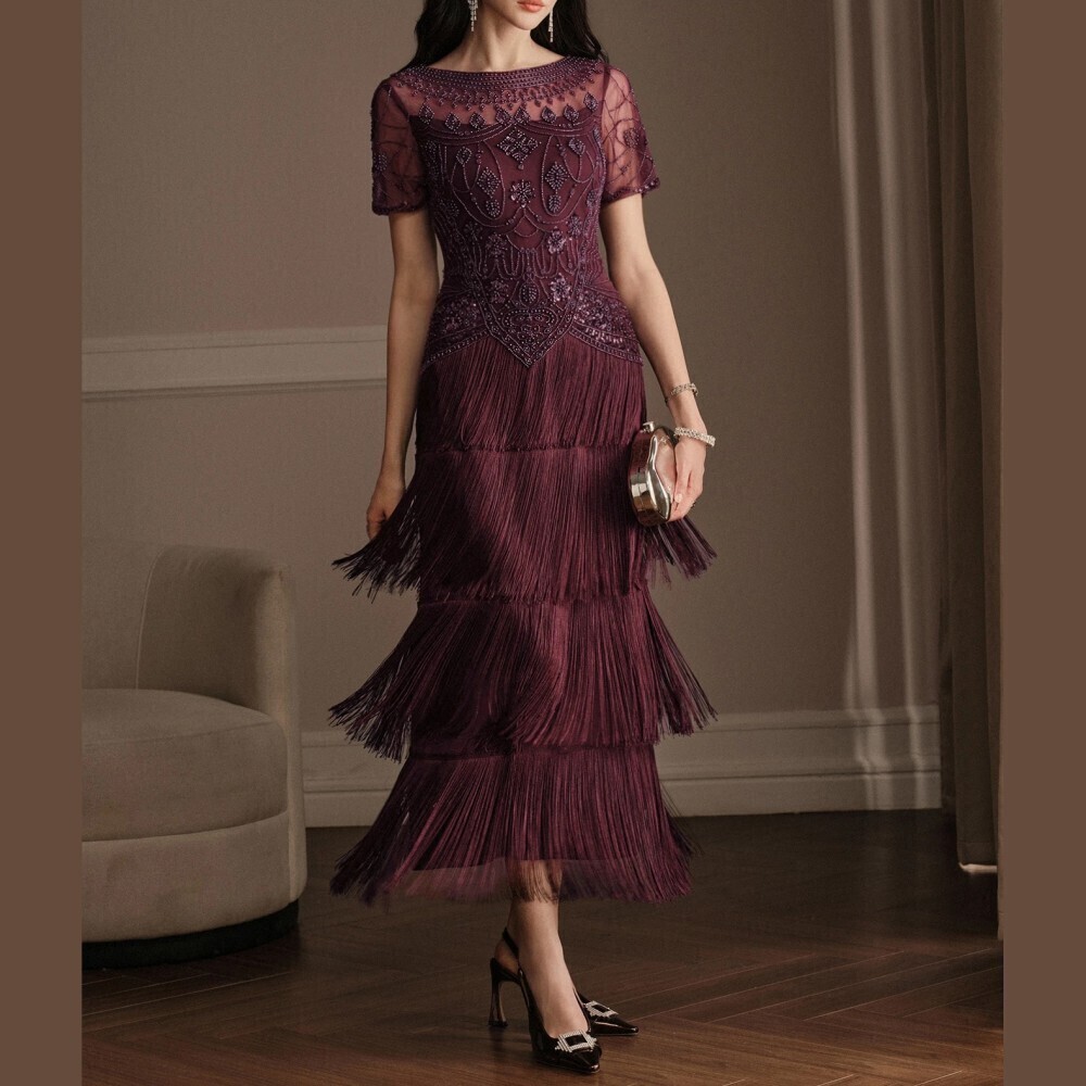 Burgundy Beaded Mesh Tiered Fringe Short Sleeve Maxi Dress